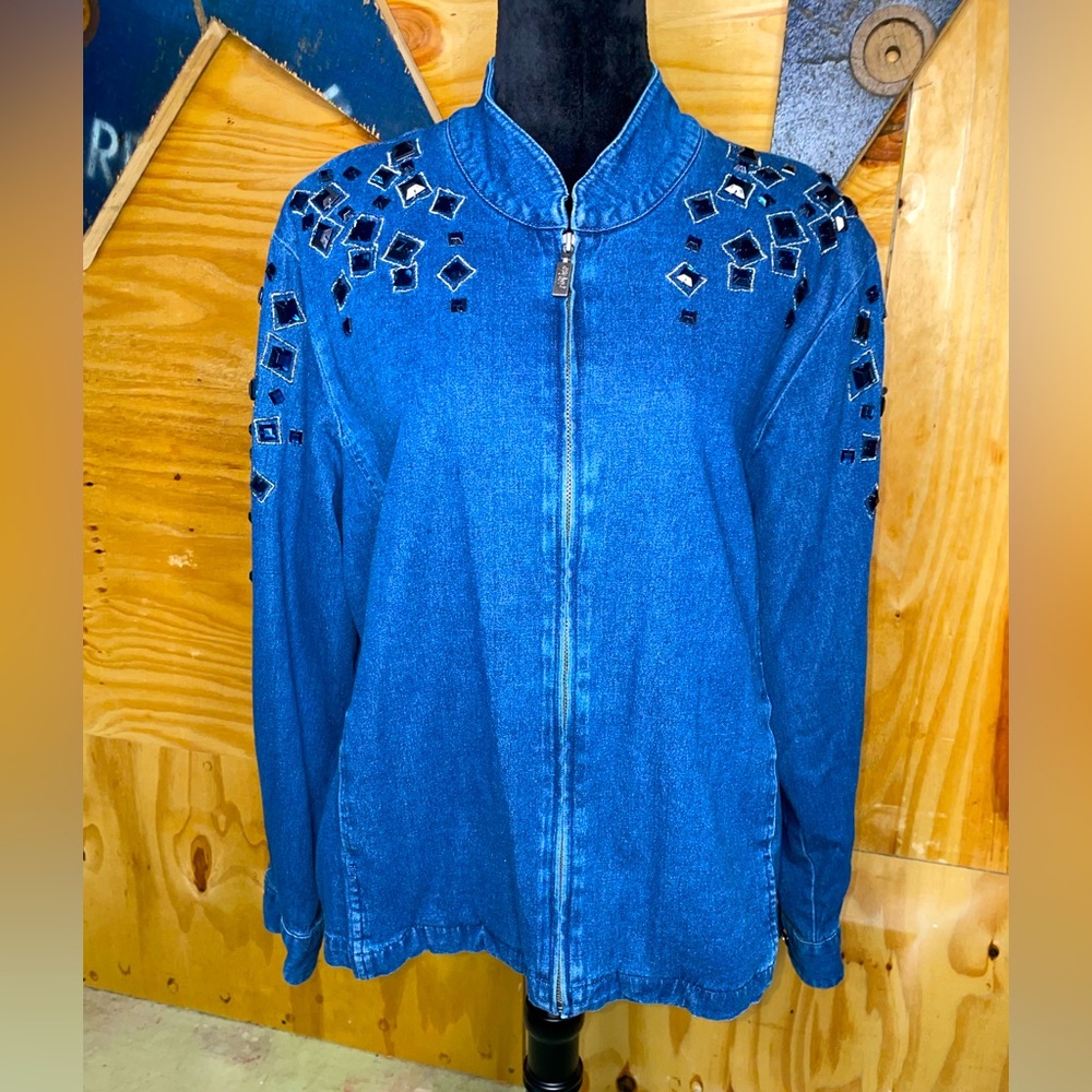 Bob Mackie Wearable Art 1990’s Blue Denim Zip Jacket Rhinestones Sz Lg